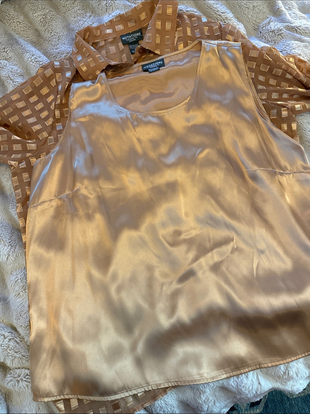 Notations Satin Gold Camisole Tank Top + long sleeve sheer buttoned top